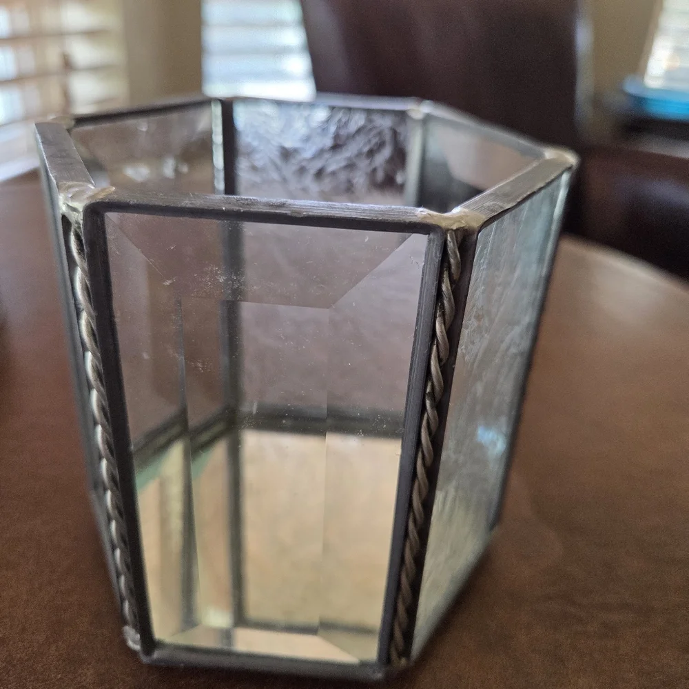 Hexagonal Lead Beveled Glass And Etched Glass Mirror Bittom Candle Holder